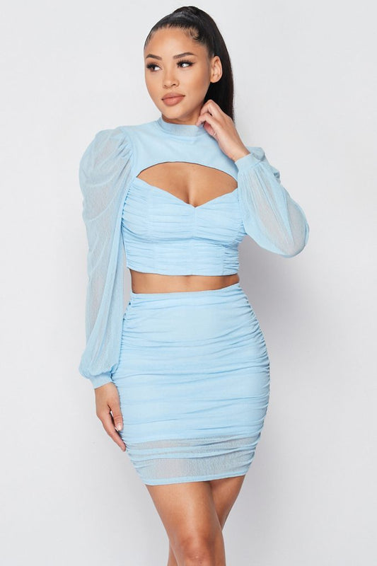 Sexy Sheer Cutout Puff Sleeved Top And Skirt Set - Supreme Deals