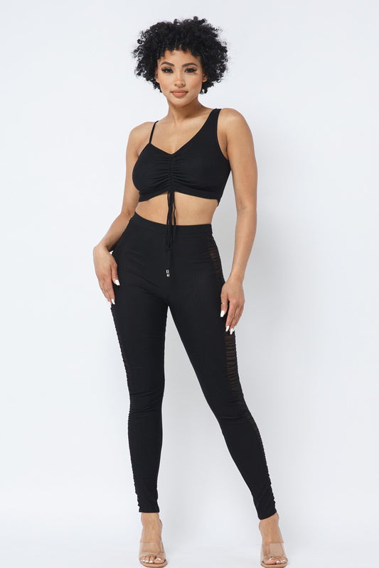 Mesh Strappy Adjustable Ruched Crop Top With Matching See Through Side Panel Leggings - Supreme Deals