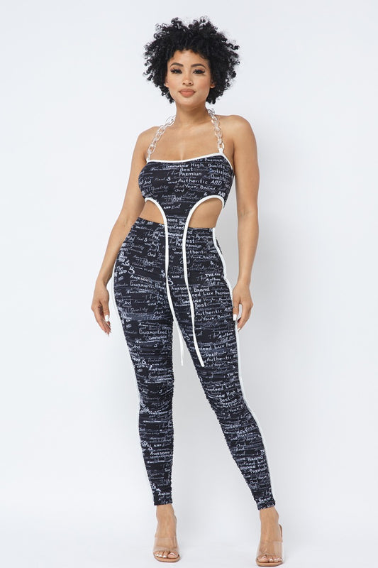 Mesh Print Crop Top With Plastic Chain Halter Neck With Matching Leggings - Supreme Deals