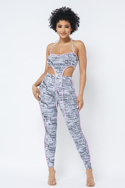 Mesh Print Crop Top With Plastic Chain Halter Neck With Matching Leggings - Supreme Deals