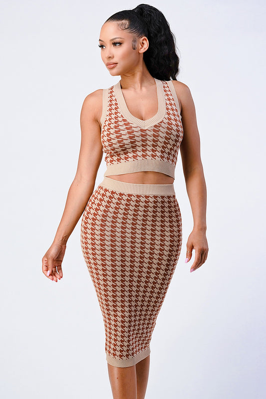 Luxe Gingham Rib Knit Top And Skirt Sets - Supreme Deals