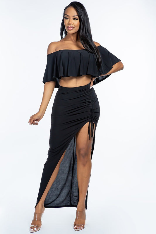 Solid Ity Off The Shoulder Ruffled Cropped Top And Ruched Maxi Skirt Two Piece Set - Supreme Deals