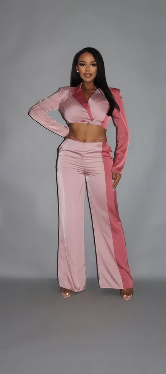 Colorblock Crop Blazer With Matching Low Rise Wide Leg Pant Set With Pockets - Supreme Deals