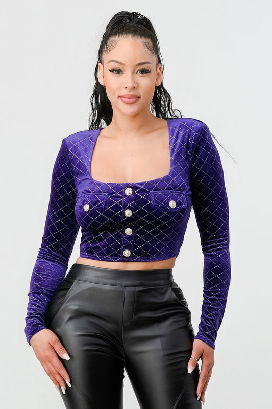Lux Diamon Velvet Buttons Open Back Square Neck Long Sleeves Cropped Top - Supreme Deals