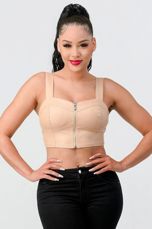 Lux Faux Leather Pu Zipup Strap Sleeveless Cropped Top - Supreme Deals