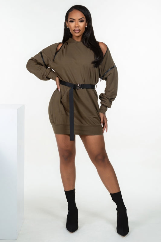 Double Zipper Long Sleeve Hooded Mini Dress - Supreme Deals