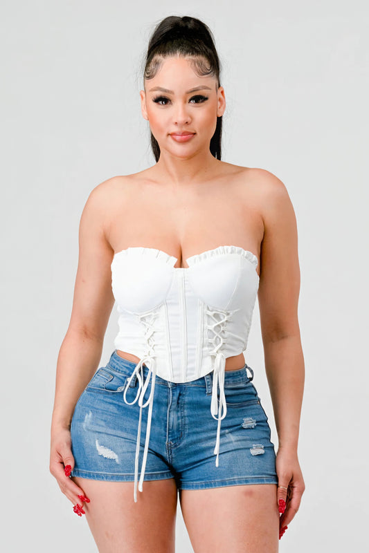 Luxe sweetheart ruffled drawstring lace bustier top - Supreme Deals