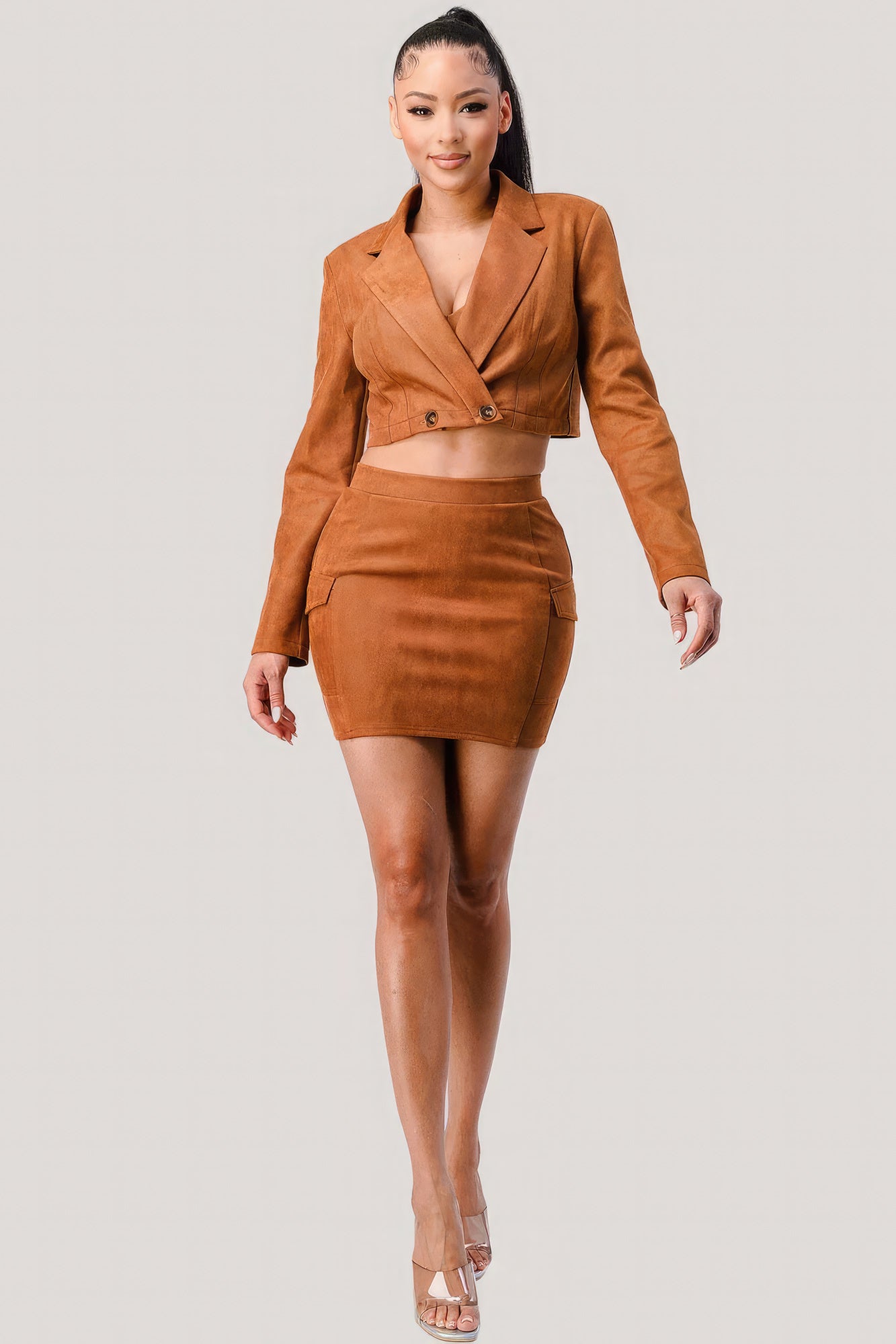 Diagonal Bralette With Cropped Blazer Jacket & Mini Skirt 3pcs Sets - Supreme Deals