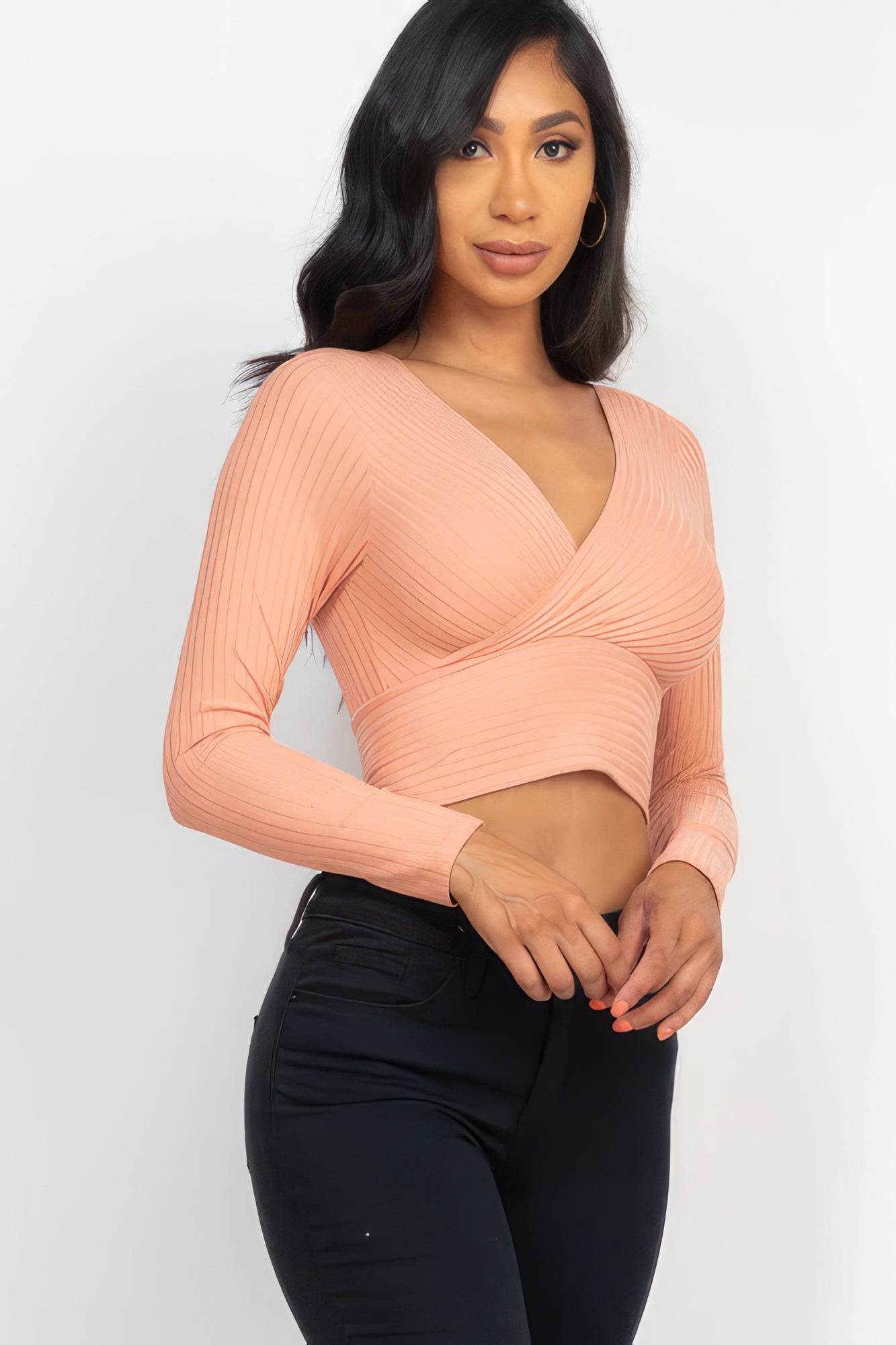Ribbed Wrap Front Long Sleeve Top - Supreme Deals