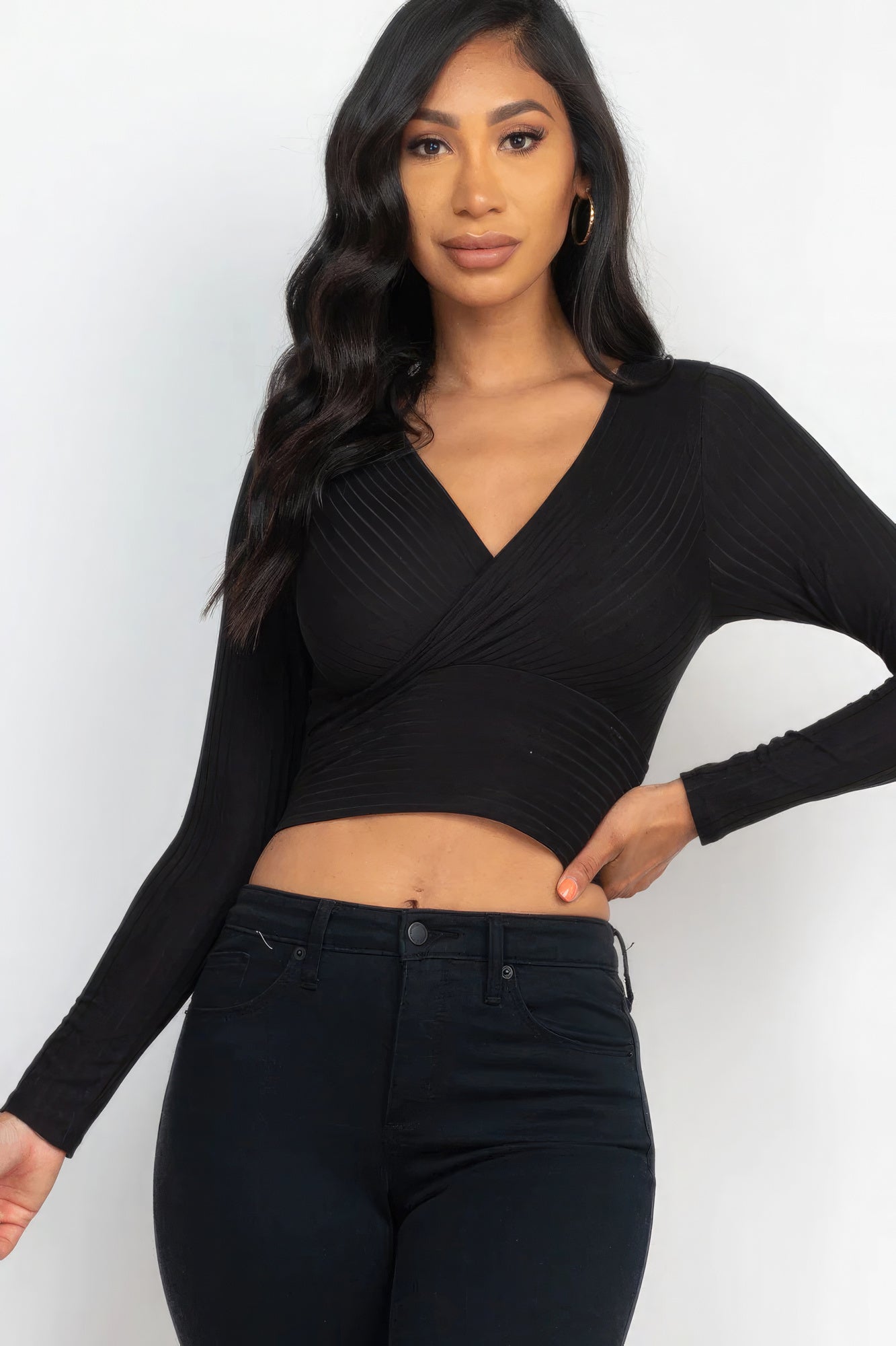Ribbed Wrap Front Long Sleeve Top - Supreme Deals