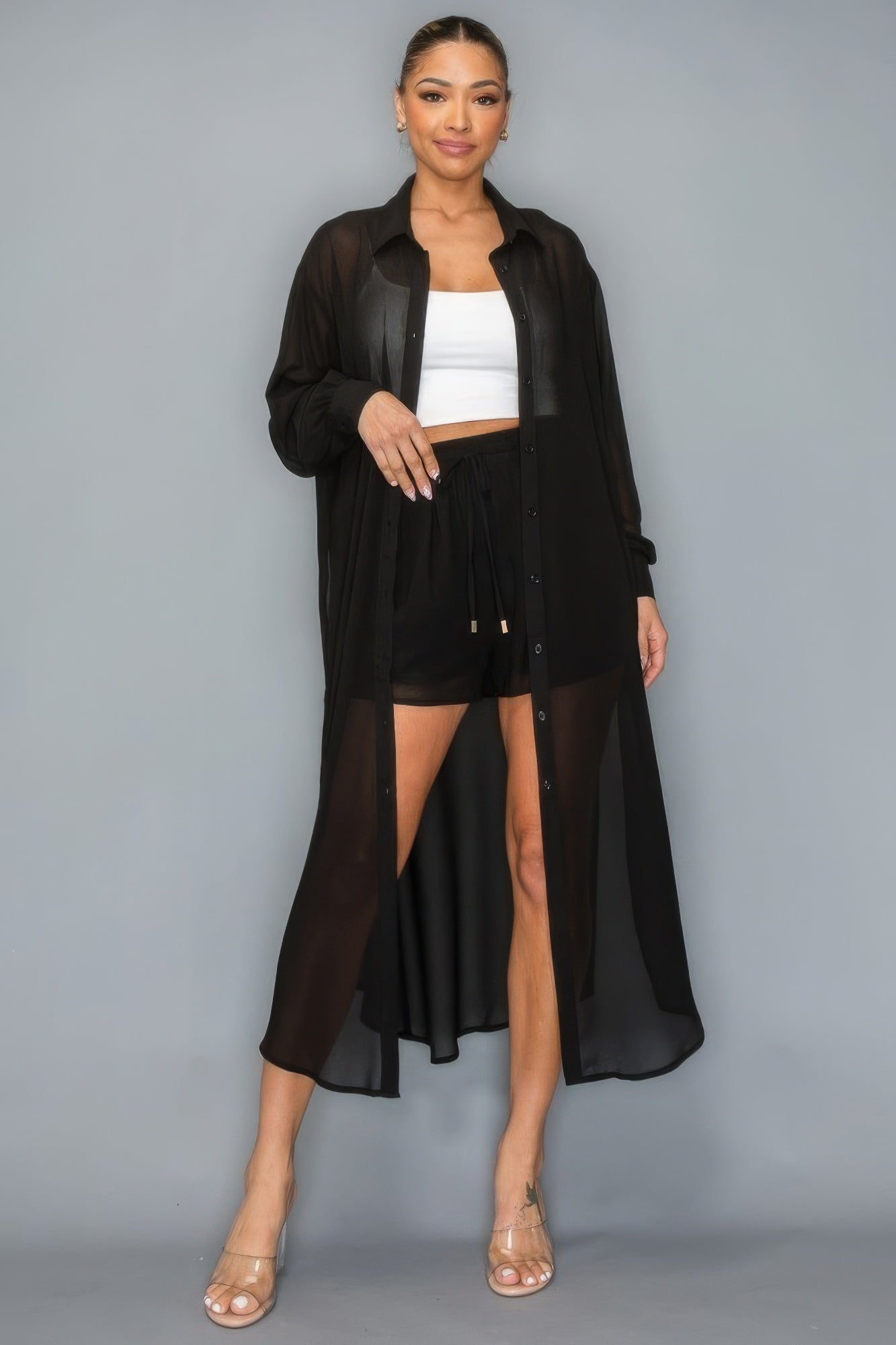 Chiffon Button Down Long Sleeve Side Slit Long Top With Short Set - Supreme Deals