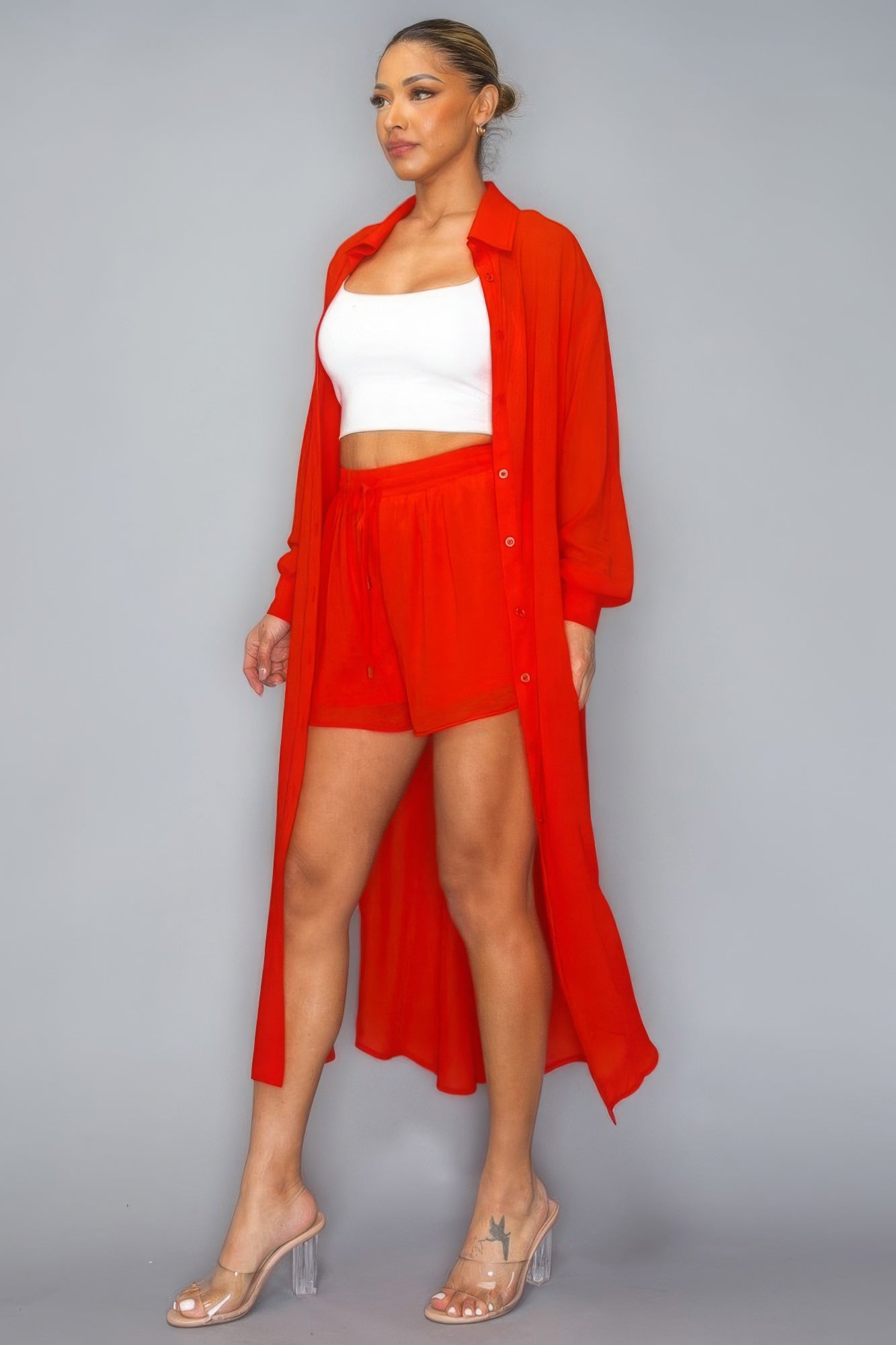 Chiffon Button Down Long Sleeve Side Slit Long Top With Short Set - Supreme Deals