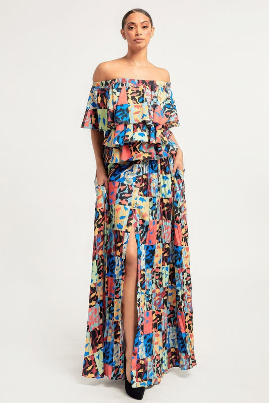 Printed Ruffle Top And Pleated Skirt Set - Supreme Deals