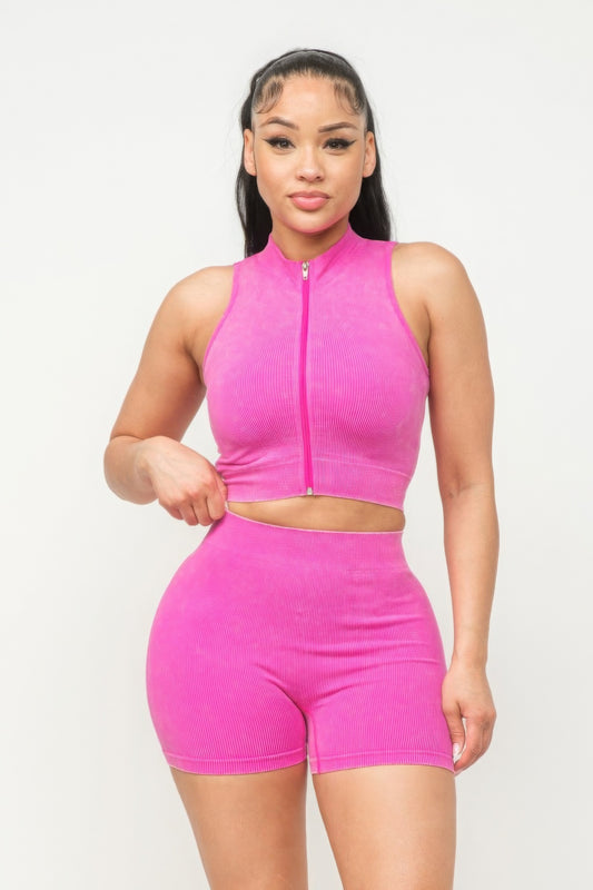 Washed Seamless Zipper Top And Shorts Set - Supreme Deals