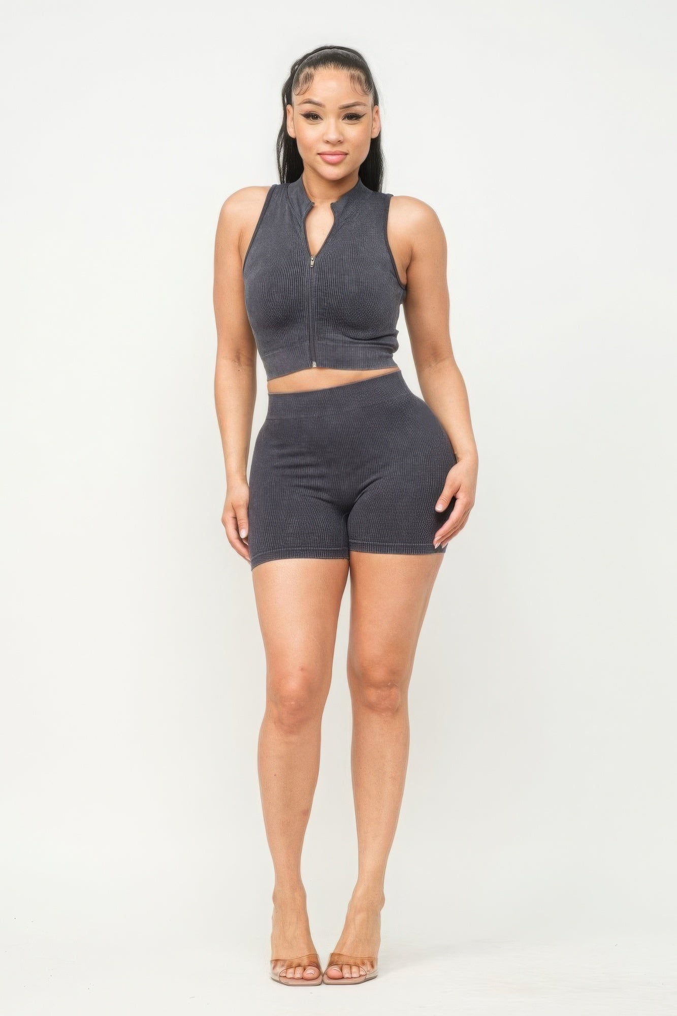 Washed Seamless Zipper Top And Shorts Set - Supreme Deals