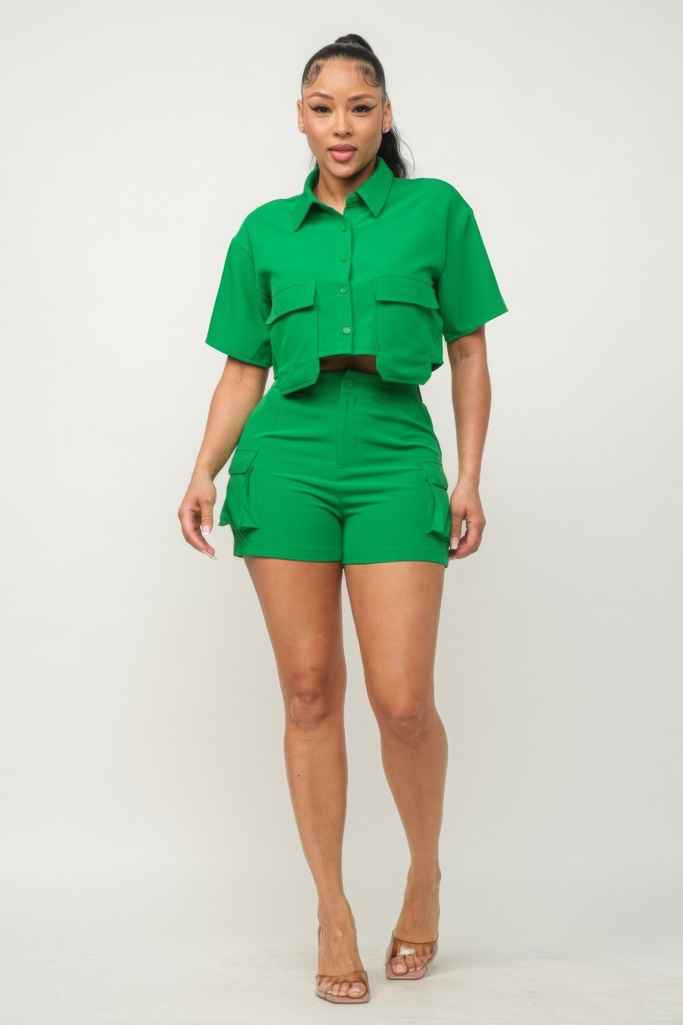 Front Button Down Side Pockets Top And Shorts Set - Supreme Deals