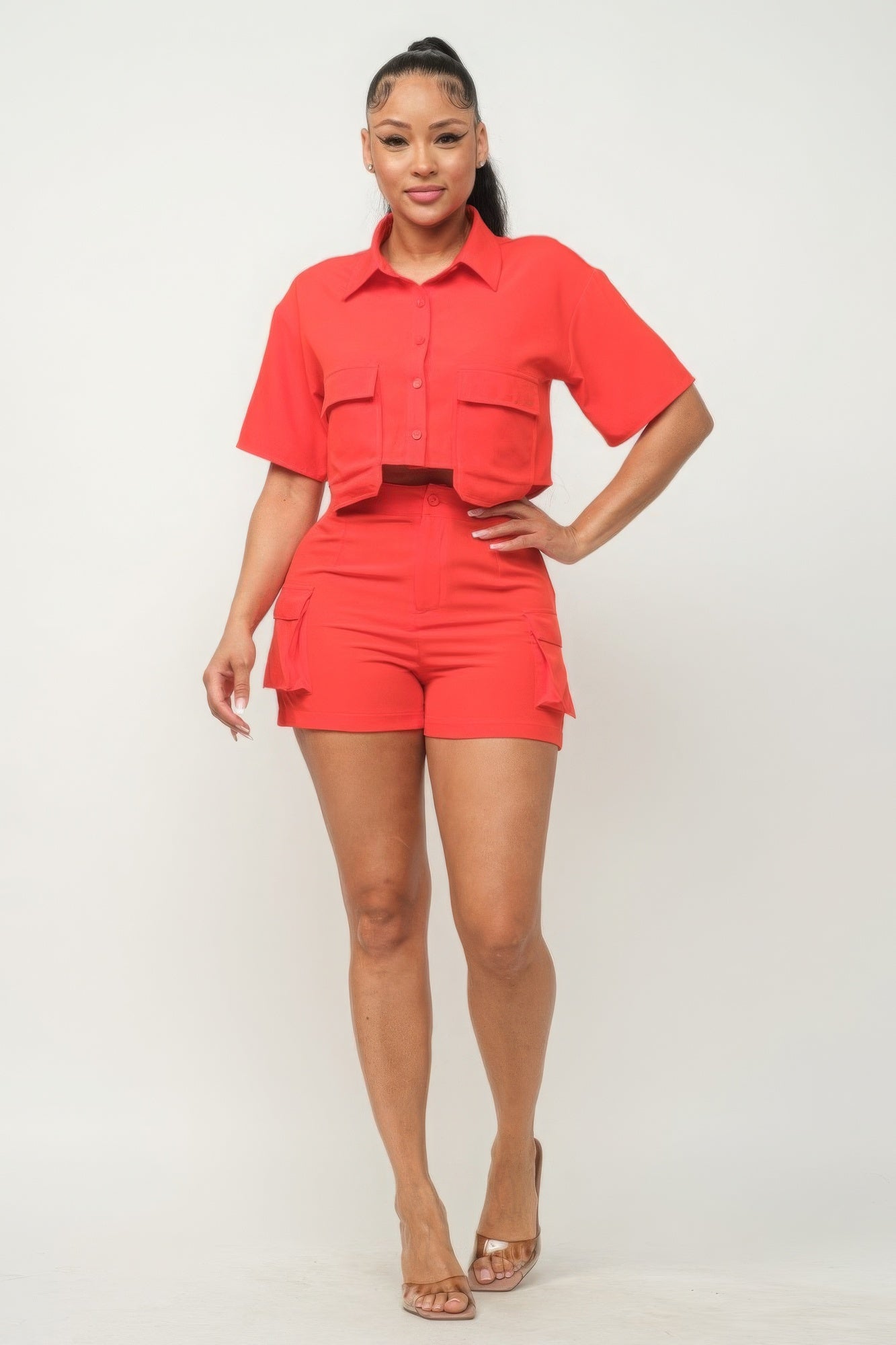 Front Button Down Side Pockets Top And Shorts Set - Supreme Deals