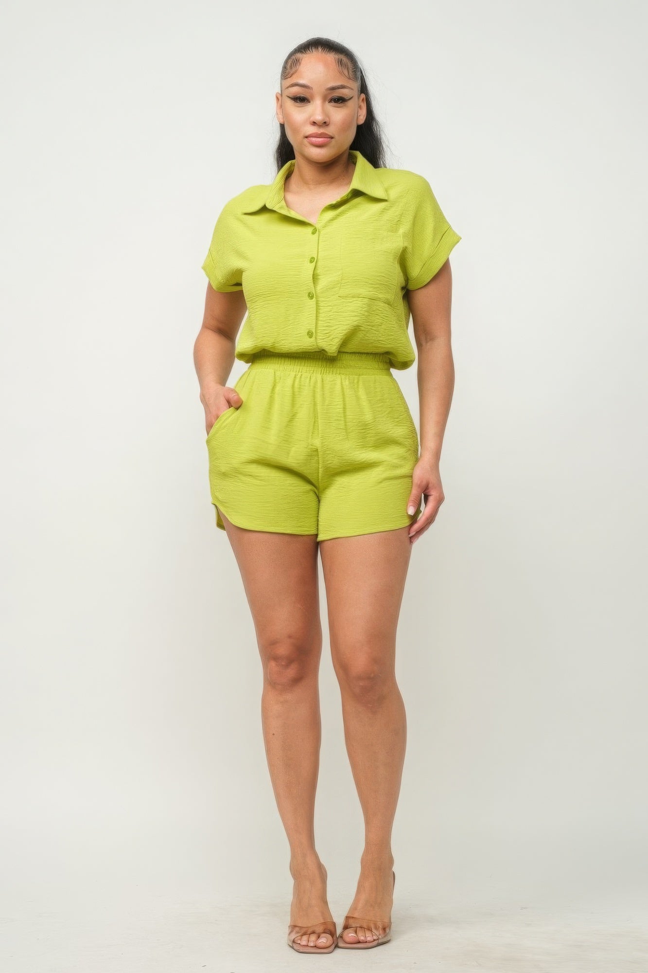 Button Down Pocket Loose Fit Top And Shorts Set - Supreme Deals