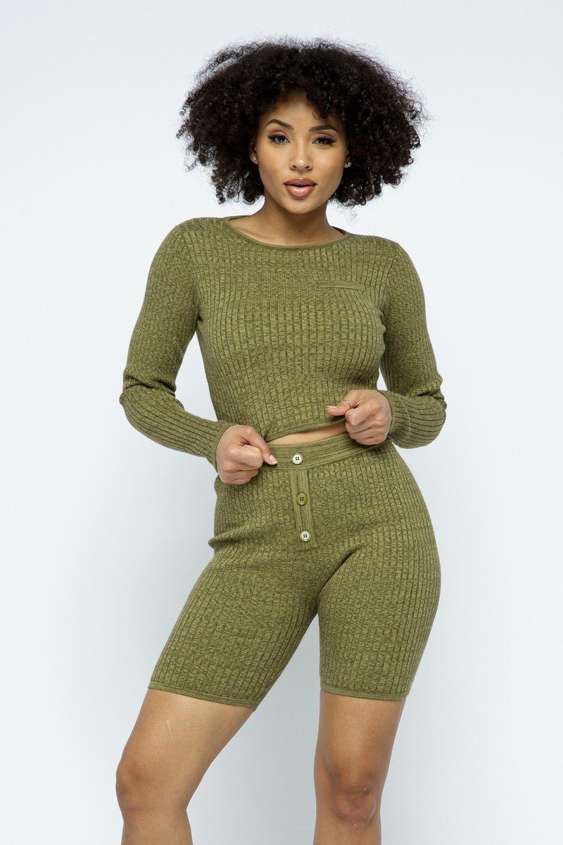 Knit Long Sleeve Cropped Top Knit High-waist Biker Shorts Set - Supreme Deals