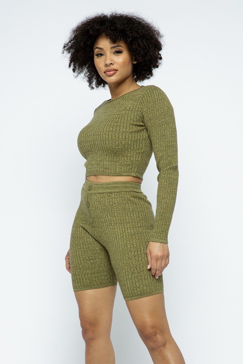 Knit Long Sleeve Cropped Top Knit High-waist Biker Shorts Set - Supreme Deals
