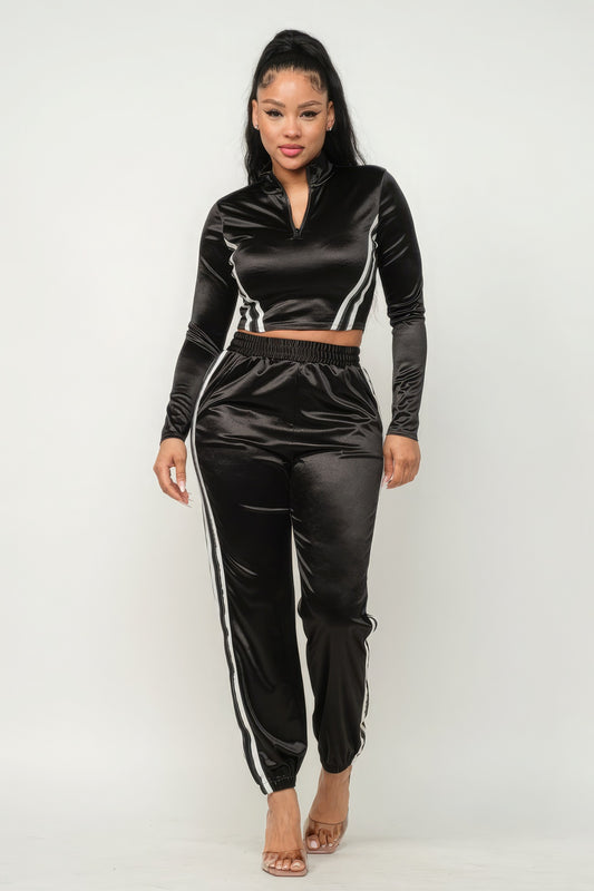Front Zip Up Stripes Detail Jacket And Pants Set - Supreme Deals